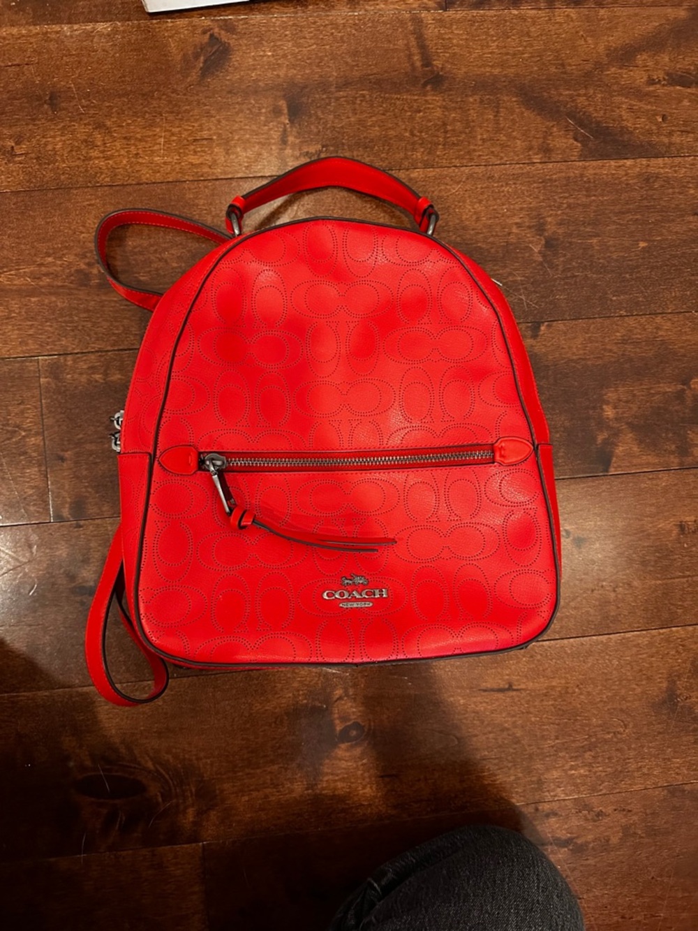 Coach Red Signature Leather Backpack with Front Zip Pocket